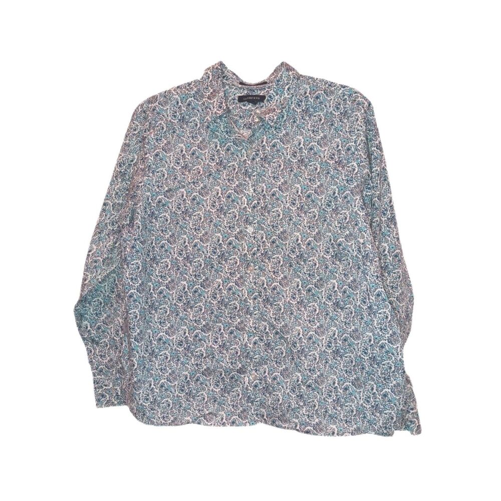 Lands End Blue Paisley Collared Button Front Shirt Size 16P Boho Casual Easycare